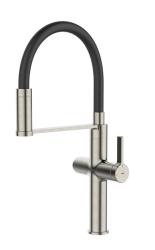 Смеситель для кухни/мойки IDDIS Ikon с каналом для фильтрованной воды, однорычажный, поворотный, керамический картридж, гибкий излив, длина излива 200 мм, латунь/силикон, цвет сатин/черный