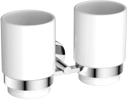 Стакан с держателем Aquatek Бетта двойной, с держателем, настенный, латунь/керамика/нержавеющая сталь для зубных щеток в ванную/туалет/душевую кабину, цвет хром