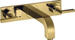Смеситель для раковины Axor Citterio на 3 отверстия, двухвентильный, с рычаговыми рукоятками, настенный, скрытого монтажа, фиксированный излив, длина излива 22,6 см, керамический, латунь, цвет полированное золото, с панелью