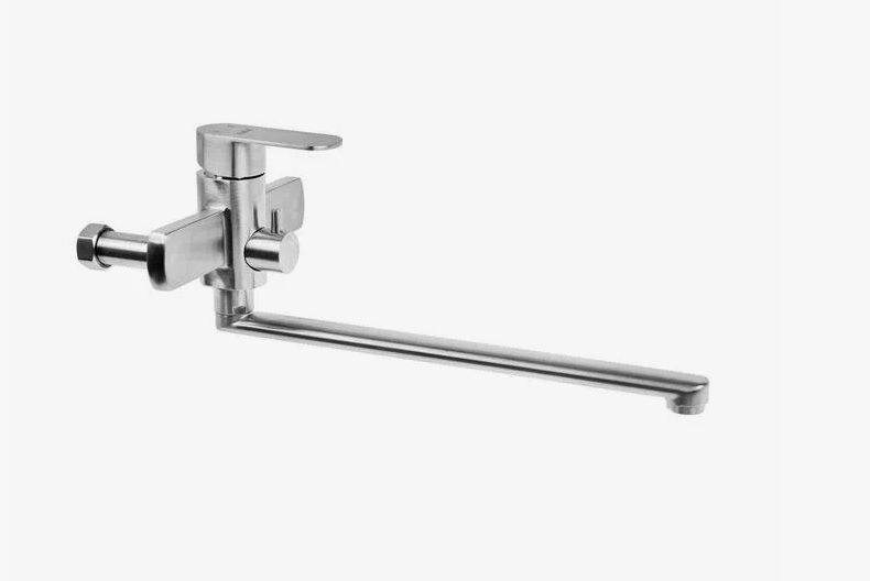 Смеситель для ванны/душа HAIBA однозахватный, хромированный, настенный, излив длинный 424 мм, поворотный, латунь, цвет сталь