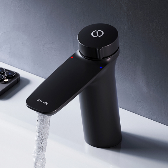 Смеситель для раковины/умывальника AM.PM Inspire V2.0 TouchReel, нажимной, неповоротный, керамический, длина излива 125 мм, латунь, цвет черный матовый