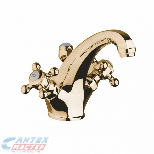 Смеситель для раковины Kludi Adlon двухвентильный, излив короткий, поворотный, керамический, латунь, цвет золото, без донного клапана