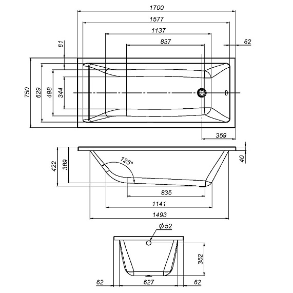 Ванна Am.Pm Gem 170х75 акриловая, цвет белая, (без гидромассажа, рамы, сифона, фронтальной панели) прямоугольная, левосторонняя/правосторонняя