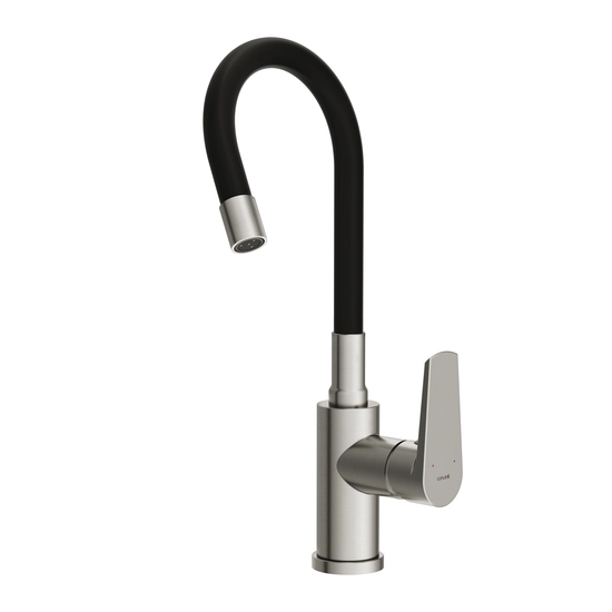 Смеситель для кухни/мойки Cersanit Moduo однорычажный, поворотный/гибкий излив, керамический, высота 237 мм, длина 220 мм, нержавеющая сталь/силикон, цвет сатин/черный