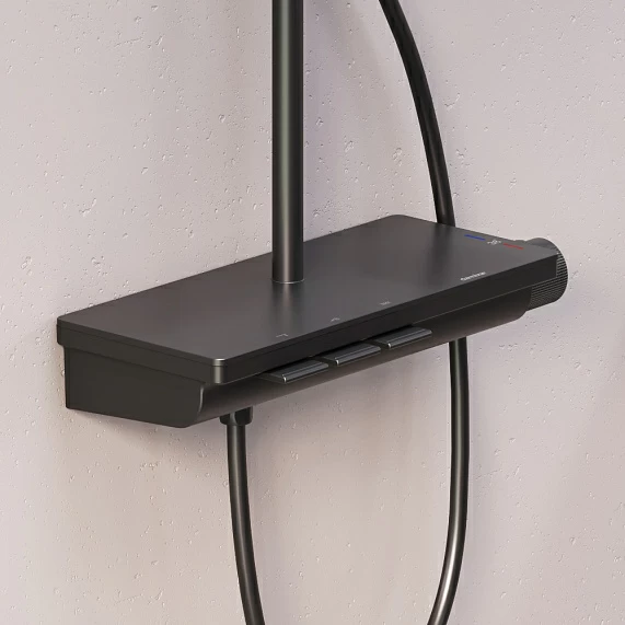 Душевая система Damixa Gala, высота 1050-1450 мм, цвет черный матовый, комплект: термостатический смеситель-полка/излив/тропический душ прямоугольный (с верхней лейкой)/стойка/лейка/шланг, нержавеющая сталь/ABS-пластик/ПВХ