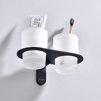 Стакан с держателем Raglo R300.08.06 двойной, с держателем, настенный, нержавеющая сталь/стекло, для зубных щеток в ванную/туалет/душевую кабину, цвет черный