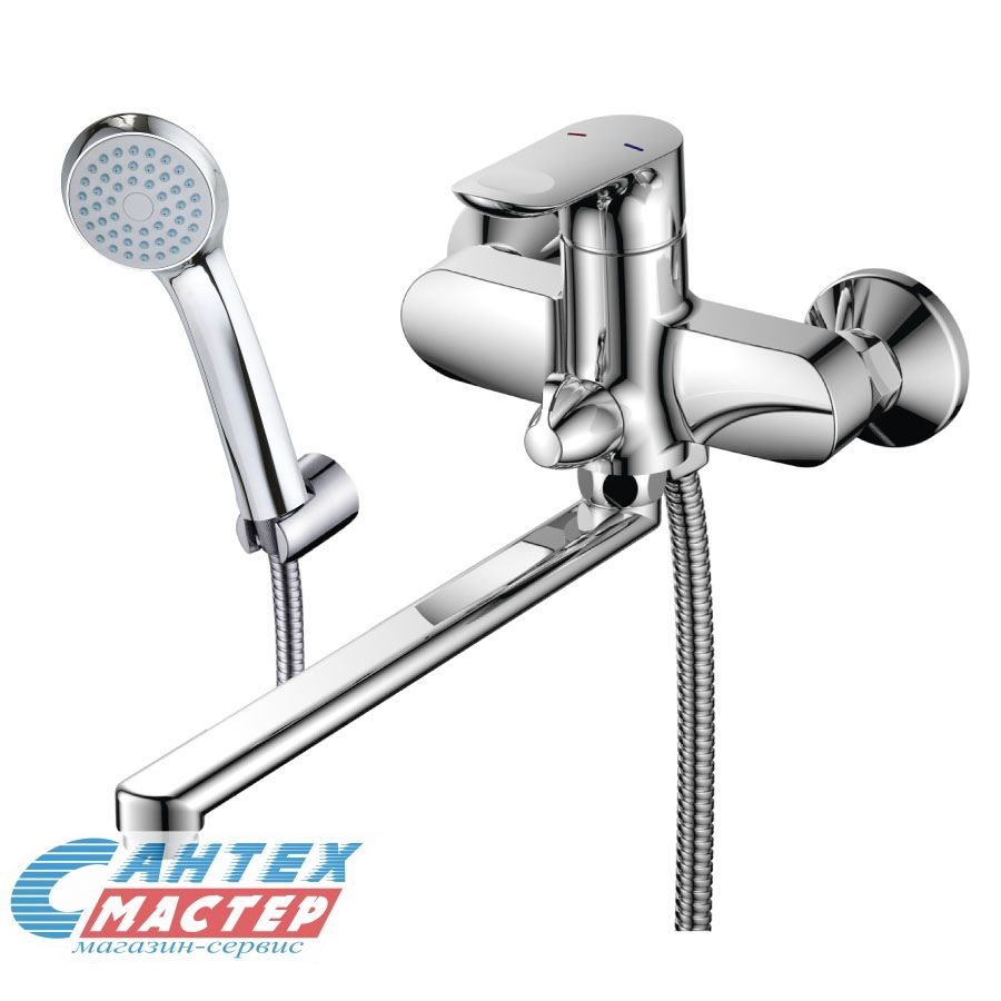 Смеситель для ванны/душа Osgard Hornavan однорычажный, керамический, настенный, излив поворотный 344 мм, с гибким шлангом, душем/лейкой, латунь, цвет хром, длинный, универсальный, горизонтальный, рычажный, кран, комплект, сантехника, размер