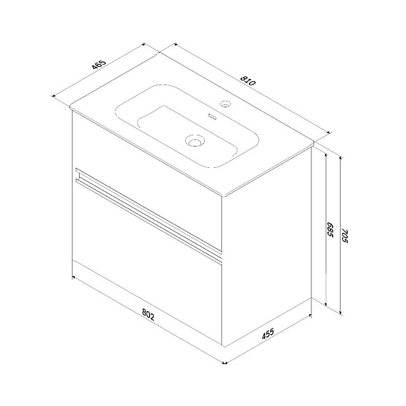 Тумба под раковину AM.PM Sense 80, 802x465x685 мм, подвесная/напольная, цвет светлое дерево/черная ручка, 2 выдвижных ящика, под раковину/умывальник, прямоугольная, универсальная