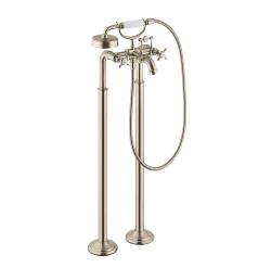 Смеситель для ванны Axor Montreux напольный, двухвентильный, с крестообразными рукоятками, неповоротный, латунный, длина излива 23,4 см, керамический, цвет шлифованный никель, с душевым шлангом/держателем/лейкой