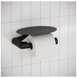 Держатель для туалетной бумаги IDDIS Noa, с полкой, без крышки, черный матовый, настенный, сплав металлов, форма овальная, для туалета/ванной, бумагодержатель