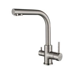 Смеситель для кухни/мойки Paulmark Essen, с подключением к фильтру/биканальный, однорычажный, поворотный излив, керамический картридж, высокий, длина излива 197 мм, латунь, цвет никель