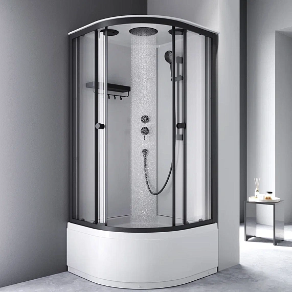 Душевая кабина AM.PM X-Joy 90x90 см поддон высокий, четверть круга/угловая, стекло прозрачное 4 мм, заднее белое, с верхним душем, профиль черный, без гидромассажа, с крышей