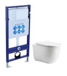 Комплект унитаза с инсталляцией Aquatek Классик Т (Сет) c сиденьем микролифт, безободковый, смыв Торнадо, без кнопки, без крепления