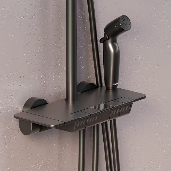 Душевая система Damixa Gala, высота 1050-1450 мм, цвет черный матовый, комплект: термостатический смеситель/гигиенический душ/тропический душ прямоугольный (с верхней лейкой)/стойка/лейка/шланг, пластик/латунь