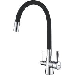 Смеситель для кухни/мойки Lemark Comfort LM3075C с подключением к фильтру с питьевой водой, однорычажный, поворотный/гибкий, керамический, длина излива 225 мм, латунь, цвет черный/хром