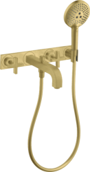 Смеситель для ванны Axor Citterio двухвентильный, с крестообразными рукоятками, настенный, неповоротный, латунный, длина излива 22,2 см, керамический, цвет шлифованная медь, с душевым шлангом/лейкой/держателем, с панелью, на 3 отверстия