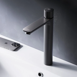 Смеситель для раковины/умывальника AM.PM X-Joy TouchReel, нажимной, неповоротный, керамический, высокий, длина излива 155 мм, латунь, цвет черный матовый