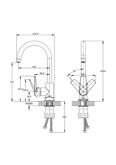 Смеситель для кухни/мойки Cersanit Moduo с подключением фильтра, однорычажный, поворотный, керамический, излив 176 мм, высота излива 217 мм, латунь, цвет сатин