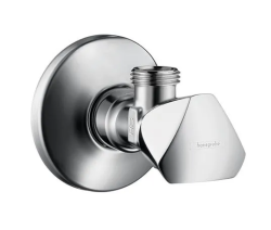 Вентиль Hansgrohe угловой с рукояткой E, одновентильный, запорный, латунь, хром, керамический, подключение к стене 1/2, отвод 1/2, для смесителя