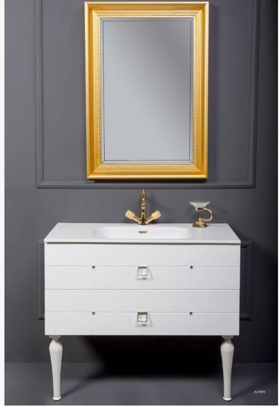 Тумба под раковину Armadi Art Piazza, 80х46х38 см, навесная, цвет белый/золото, 2 выдвижных ящика, шкаф/шкафчик подвесной, система плавного закрывания, фурнитура: Hettich, прямоугольная