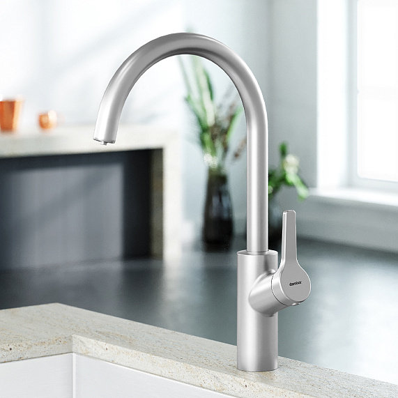 Смеситель для кухни/мойки Damixa Eclipse однорычажный, с каналом питьевой воды, керамический, с высоким изливом, длина 205 мм, поворотный, нержавеющая сталь, цвет никель