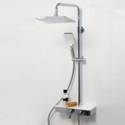 Душевая система WasserKRAFT Aller, высота 800-1250 мм, цвет хром/белый, комплект: термостатический смеситель/излив/тропический душ (с верхней лейкой)/стойка/лейка/шланг, наружного монтажа
