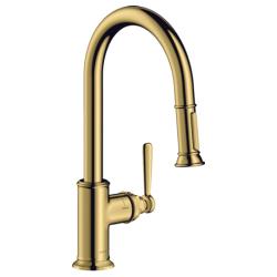 Смеситель для кухни/мойки Axor Montreux 180, однорычажный, керамический, с поворотным/вытяжным изливом, длина 21,3 см, латунь, цвет полированное золото, кухонный