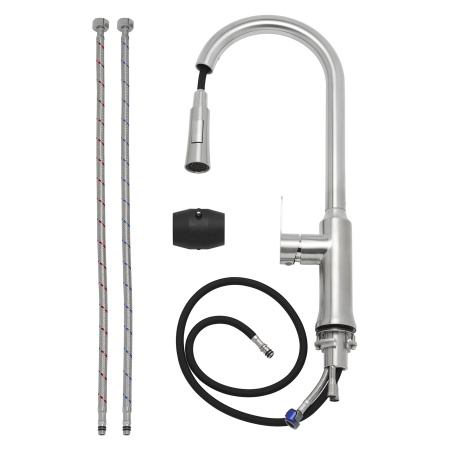 Смеситель для кухни/мойки AQUEDUC однорычажный, поворотный/выдвижной, керамический, длина излива 205 мм, высота 260 мм, нержавеющая сталь 345329