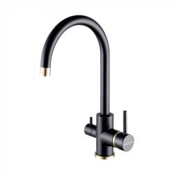 Смеситель для кухни/мойки Paulmark Essen, с подключением к фильтру/биканальный, однорычажный, поворотный излив, керамический картридж, высокий, длина излива 200 мм, латунь, цвет антрацит/бронза