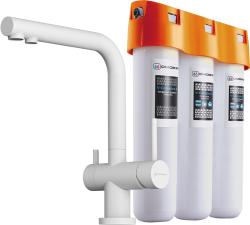 Комплект: смеситель для кухни Omoikiri Nagano-WH-P + фильтр Pure drop Lite для очистки воды трехступенчатый, смеситель однорычажный, поворотный, керамический, длина излива 206 мм, латунь, цвет белый