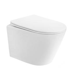 Унитаз подвесной ABBER Bequem 490х355х360 мм цвет белый глянцевый, горизонтальный (прямой) выпуск, система антивсплеск, смыв торнадо, безободковый, с сиденьем микролифт, дюропласт, под скрытый бачок AC1102T