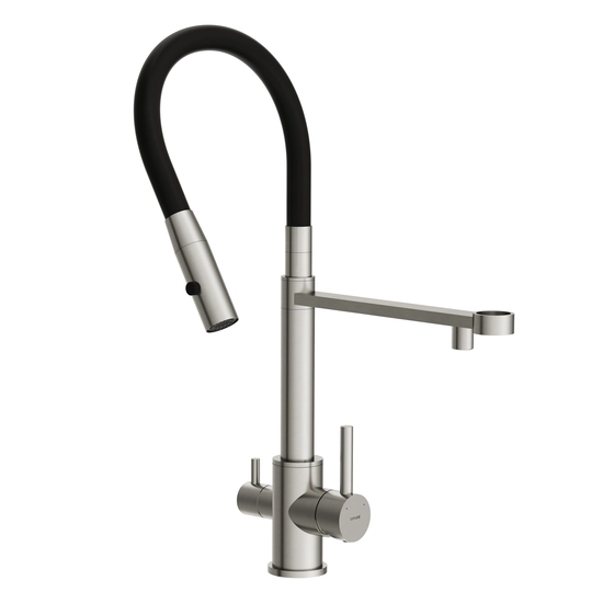 Смеситель для кухни/мойки Cersanit Zen с подключением фильтра, однорычажный, поворотный/гибкий, керамический, излив 227 мм, высота излива 266 мм латунь/силикон, цвет сатин/черный