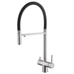 Смеситель для кухни/мойки ABBER Wasser Kreis с подключением фильтра для питьевой воды, однорычажный, поворотный/выдвижной/гибкий излив, керамический, длина излива 230 мм, латунь, цвет сатин/черный AF81141SP