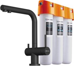 Комплект: смеситель для кухни Omoikiri Nagano-BL-P + фильтр Pure drop Lite для очистки воды трехступенчатый, смеситель однорычажный, поворотный, керамический, длина излива 206 мм, латунь, цвет черный