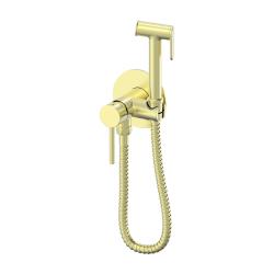 Смеситель с гигиеническим душем Oliveeka Y Line встраиваемый, однорычажный, керамический, без излива, с гибким шлангом/лейкой, латунь, цвет золото матовое