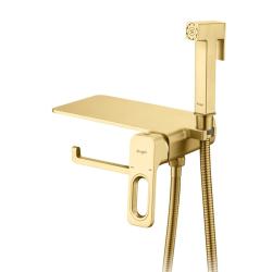 Смеситель с гигиеническим душем Raglo R51.55.03 встраиваемый, однорычажный, керамический, с полкой и бумагодержателем, без излива, с гибким шлангом/лейкой, латунь, цвет сатин золотой