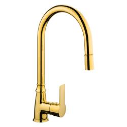 Смеситель для кухни/мойки TopZero, цвет золото, однорычажный, с вытяжным шлангом, с высоким/низким изливом, высота излива 207 см, из латуни