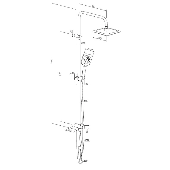 Душевой гарнитур Damixa Eclipse высота 1010 мм, цвет черный, без смесителя, комплект: тропический душ (с верхней лейкой)/стойка/лейка/шланг, настенная, нержавеющая сталь/ABS-пластик/ПВХ