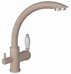 Смеситель для кухни/мойки Flortek Шале FK, с подключением фильтра питьевой воды/биканальный, однорычажный, керамический картридж, с поворотным изливом, высокий, длина излива 222 мм, латунь, цвет песочный