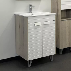 Тумба с раковиной Comforty Клеон 60Н, 61х85,5х47 см, напольная, 2 распашные дверцы, ЛДСП/МДФ, прямоугольная, цвет- белый/дуб дымчатый/раковина Quadro 60, прямоугольная, цвет белый, встраиваемая