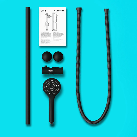 Душевой гарнитур Dorff Comfort высота 600 мм, цвет черный матовый, без смесителя, комплект: стойка/лейка/шланг, настенная, нержавеющая сталь/пластик