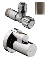 Вентиль Axor угловой, одновентильный, запорный, латунь, цвет: полированный никель, керамический, подключение к стене 1/2", отвод 3/8", с декоративной накладкой