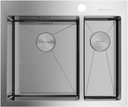 Мойка кухонная Omoikiri Akisame 60-2-IN-L, две чаши, 51х60,5 см, врезная, из нержавеющей стали, прямоугольная, цвет нержавеющая сталь, с отверстием под смеситель, без крыла, слив-перелив, врезная в столещницу, для кухни