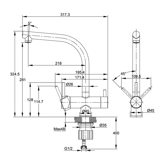 Смеситель для кухни/мойки Cersanit CREA с подключением фильтра, однорычажный, поворотный, керамический, излив 218 мм, высота излива 281 мм латунь, цвет сатин