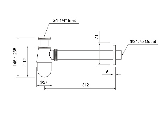 Сифон для раковины Aquatek AQ6014BGM бутылочный, без выпуска, 1 1/4" горизонтальный/боковой выпуск (в стену), латунь/нержавеющая сталь, цвет оружейная сталь, для раковины/умывальника