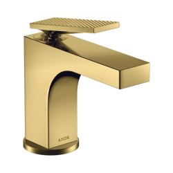 Смеситель для раковины/умывальника Axor Citterio 90, однорычажный, с рычаговой рукояткой с текстурой, фиксированный излив, длина излива 11,2 см, керамический, латунь, цвет полированное золото, со сливным гарнитуром
