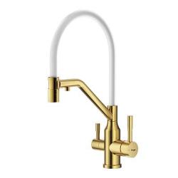 Смеситель для кухни/мойки Raglo R81.62.03 однорычажный, поворотный, керамический картридж, с подключением фильтра, гибкий излив, длина излива 225 мм, нержавеющая сталь/силикон, цвет сатин золотой/белый