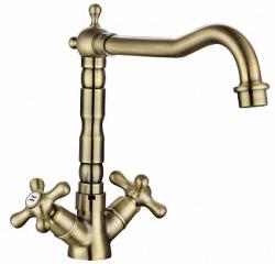 Смеситель для кухни/мойки Flortek Тау FK, двухвентильный, керамическая кран-букса, с поворотным изливом, высокий, длина излива 235 мм, латунь, цвет бронза