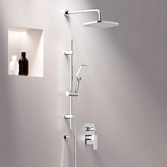 Душевая система Damixa Gala встраиваемая, цвет хром, комплект: смеситель/тропический душ прямоугольный (с верхней лейкой)/лейка/шланг/штанга, латунь/ABS-пластик/ПВХ, скрытого монтажа 