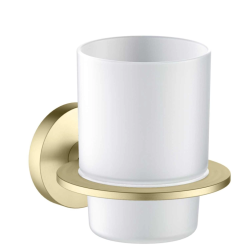 Стакан с держателем Aquatek Оберон настенный, латунь/стекло/нержавеющая сталь, округлый, для душа/ванны/зубных щеток, в ванную комнату, цвет шлифованное золото